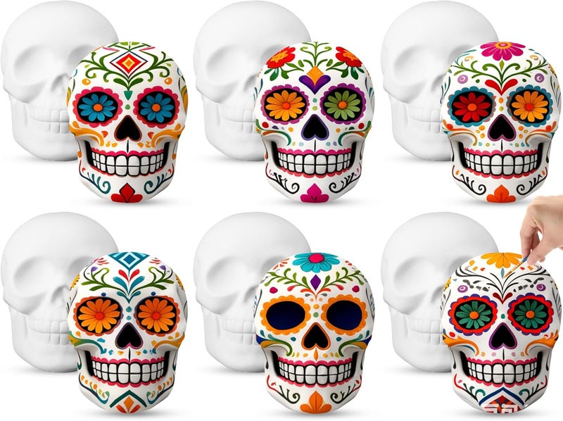 Colingmill 6 Pcs Halloween Skull Ceramic Ready to Paint 5 Inch Ready to Paint Your Own Sugar Skull Figurines Unpainted Plaster Arts and Crafts for Adults Day of The Dead Party Supplies (Classic) - Image 1